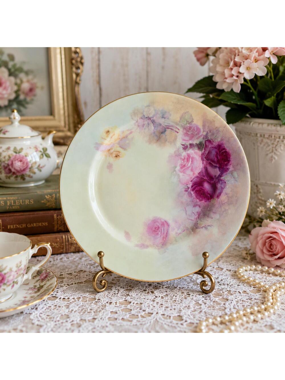 Vintage Limoges France Floral Porcelain Cabinet Plate Pink Roses Gold Trim 8.5”